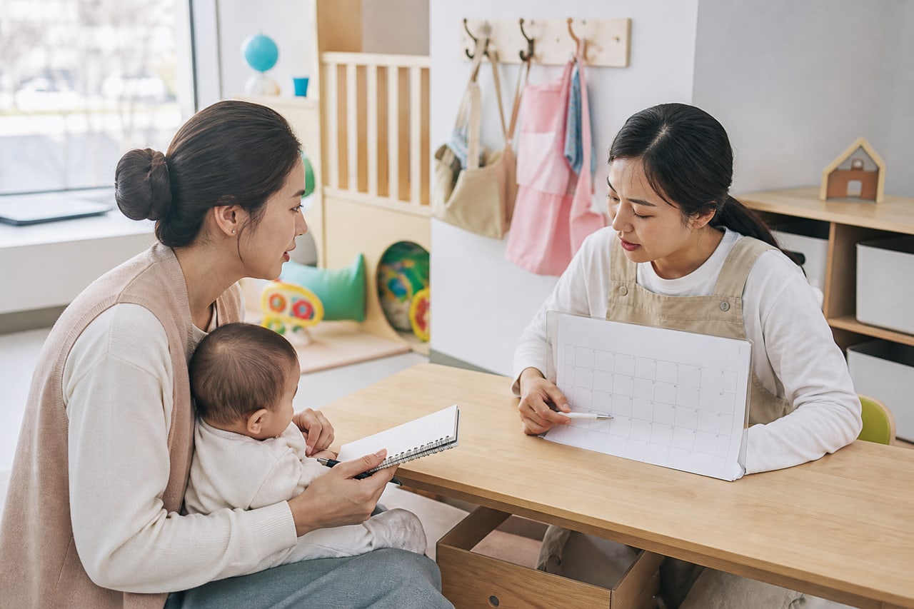 어린이집 상담실에서 보육료 변경 일정을 확인하는 부모