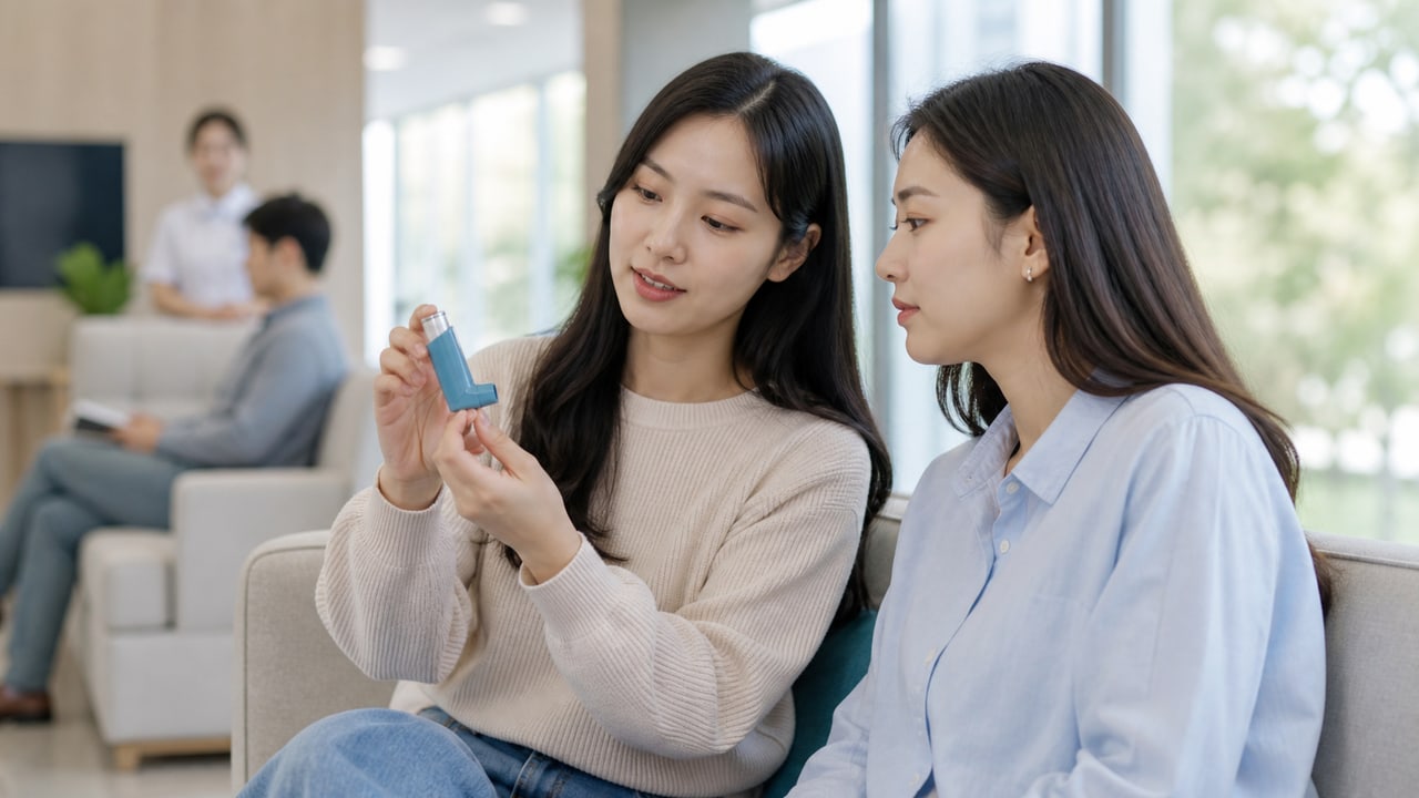 동행자와 앉아 처방 흡입기 사용법과 기기 방향을 점검하는 교육 장면