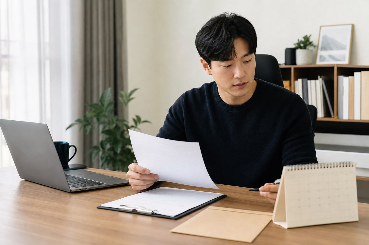 퇴사자가 이메일 요청서와 고용기록을 책상에서 확인하는 장면