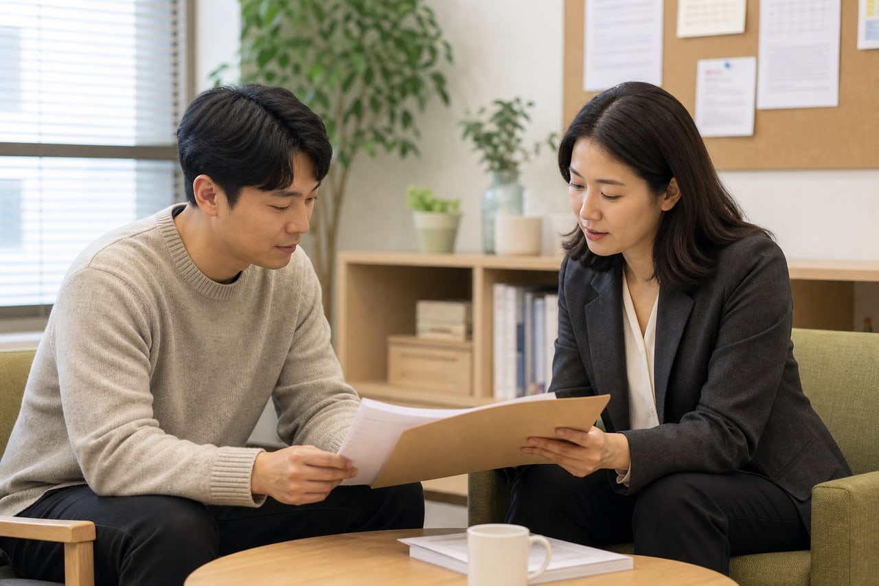 취업 뒤 고용센터 상담사와 근로서류를 검토하는 참여자