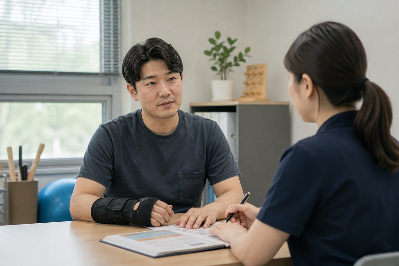손목 보호대를 한 근로자가 재활전문가와 복귀계획을 논의하는 모습