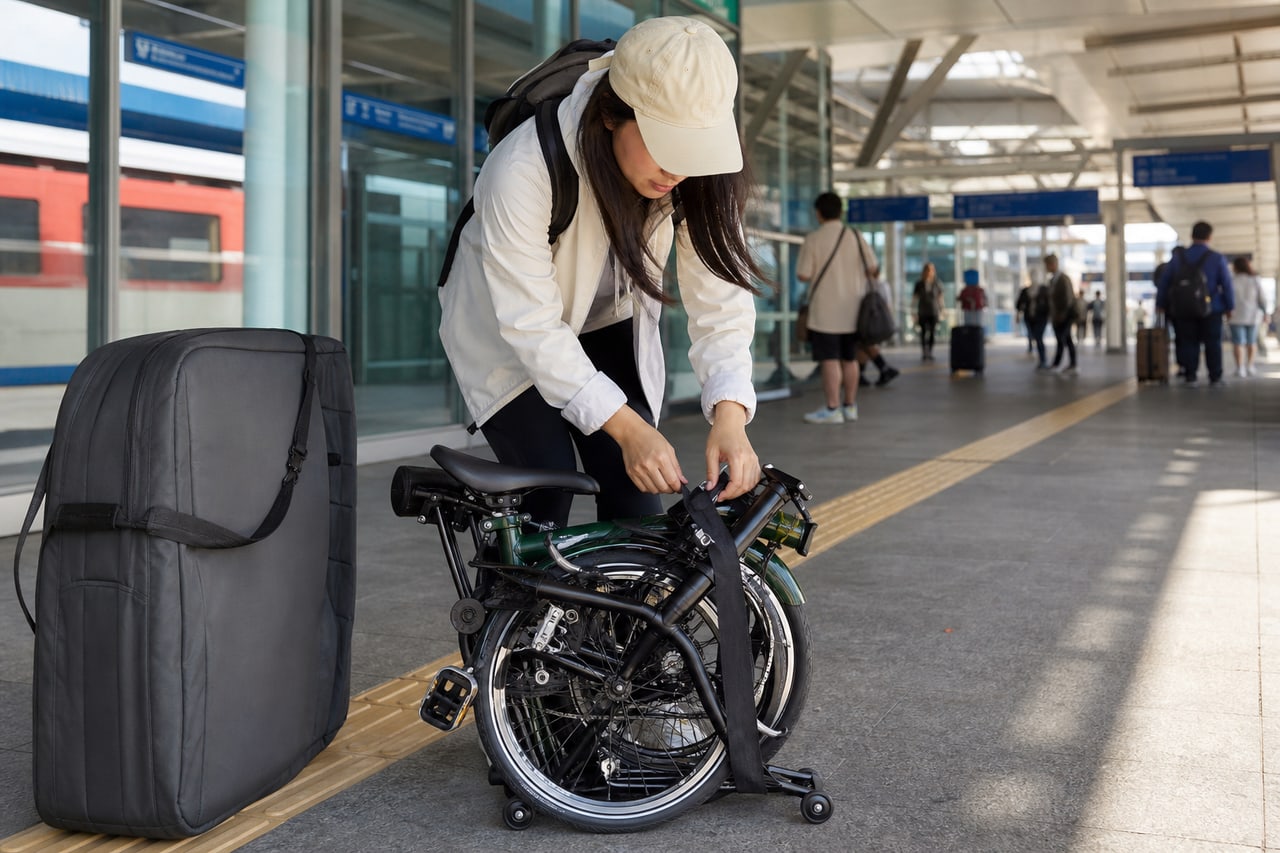 Du khách khóa gọn một chiếc xe đạp gấp trước khi vào ga tàu